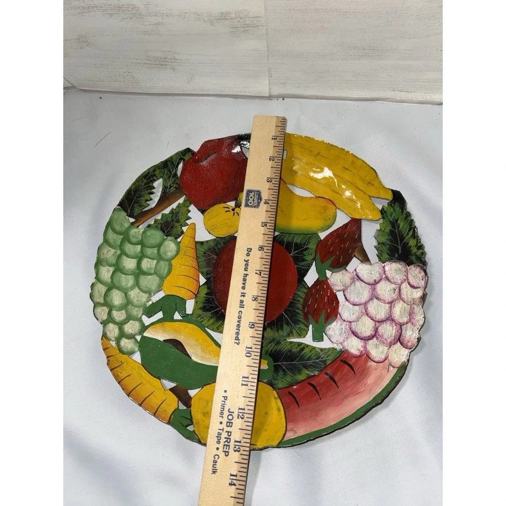 Vtg Handmade Toleware Metal Fruit Plate Wall‎ Plaque 10